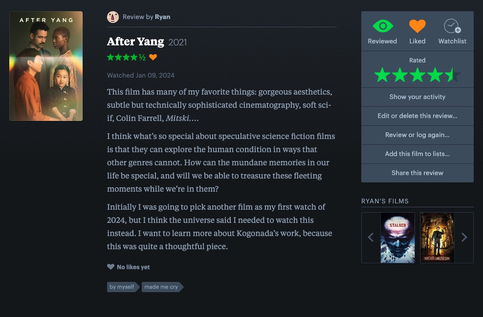 A screenshot of my Letterboxd review for After Yang. 4.5 stars and a heart.